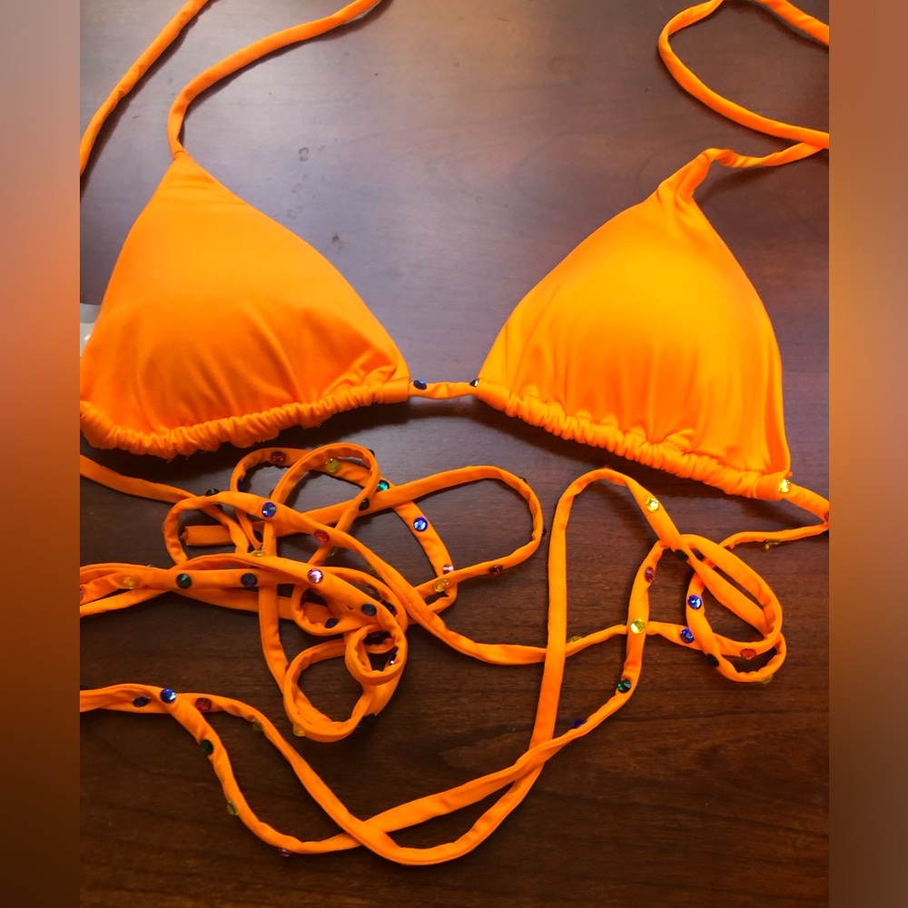 NWT Monica Hansen Stardust Triangle Bikini Top Wraparound Straps Orange Rainbow